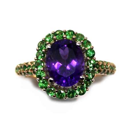 18kte White Gold and Rose Gold Ring with Amethyst and Tsavorites